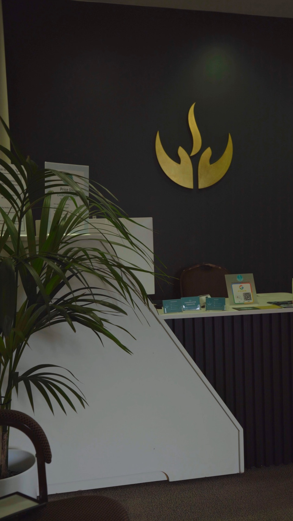 The clinic's reception desk under a gold flame logo, a palm in the corner